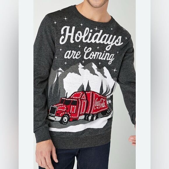 Coca-Cola “Holidays Are Coming” Christmas Truck Gray Sweater Size Large L Y2K - Picture 2 of 9